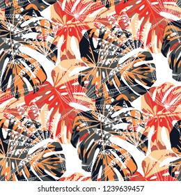 Tropical Leaves. Seamles Pattern with Indonesian Rainforest. Trendy Colorful Texture for Fabric, Wallpaper, Textile. Vector Tropical Pattern.