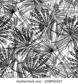 Tropical Leaves. Seamles Pattern with Indonesian Rainforest. Modern Black and White Texture for Dress, Curtain, Cloth. Vector Tropical Pattern.