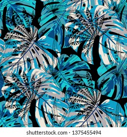 Tropical Leaves. Seamles Pattern with Indonesian Jungle. Trendy Colorful Texture for Fabric, Textile, Linen. Vector Tropical Pattern.