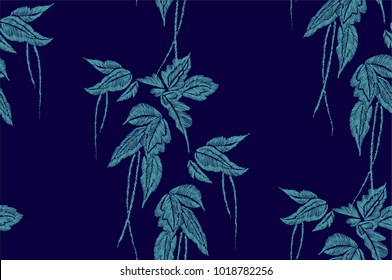 Tropical leaves seamless background pattern. Vector illustration hand drawn. Embroidery design.