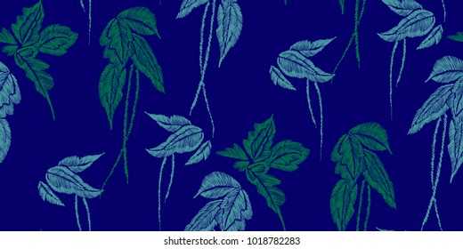 Tropical leaves seamless background pattern. Vector illustration hand drawn. Embroidery design.