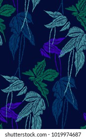 Tropical leaves seamless background pattern. Vector illustration hand drawn. Embroidery design.