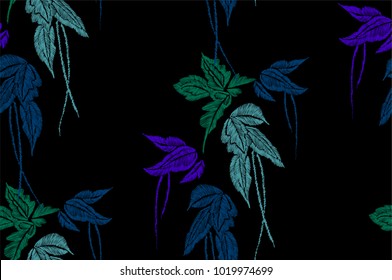 Tropical leaves seamless background pattern. Vector illustration hand drawn. Embroidery design.