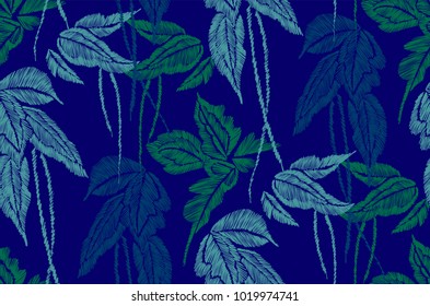 Tropical leaves seamless background pattern. Vector illustration hand drawn. Embroidery design.