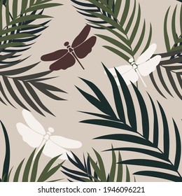 Tropical leaves seamless background. The silhouette of a dragonfly in the grass. Exotic print for fabric, packaging, interior, postcards. Summer vector illustration.