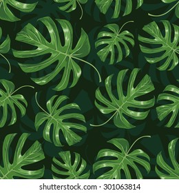 Tropical leaves seamless dark pattern. Vector background.