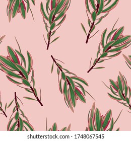 Tropical leaves. Seamless design with amazing plants. Fashion, interior, wrapping, packaging suitable. Realistic branch on pink background.