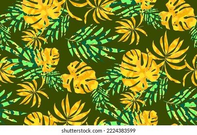 Hojas tropicales con patrón de jaguar sin soldadura con efecto botánico, floral sin soldadura diseñada para camisa, de moda adecuada para imprimir sobre papel tapiz, hoja, safari africano trópico 
