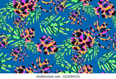 Tropical Leaves with Seamless Jaguar Pattern with Botanical Effect, seamless pattern floral designed for shirt, fashionable suitable for printing on surface wallpaper, leaf , tropic african safari 