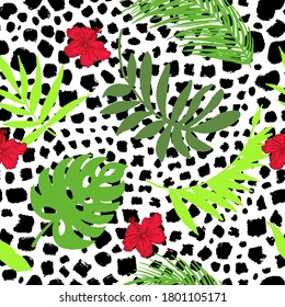 Tropical leaves seamless on a animals background. Hand drawn sketches of leaves of tropical trees. Animals bacground. Vector illustration.  Seamless pattern for decorating various surfaces.