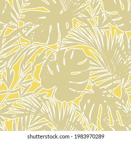 Tropical leaves seamless pattern. Abstract summer background with floral elements in pastel colors. Jungle ornament. Trendy flat pattern for fabric, wrapping paper, wallpaper