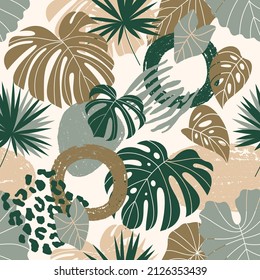 Las hojas tropicales son un patrón impecable. Resumen del fondo de elementos exóticos. Colores pasteles. Ilustración vectorial.