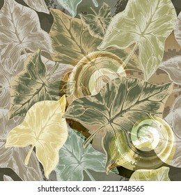 Tropical leaves seamless pattern. Abstract ornamental leafy background. Digital halftone squares repeat backdrop. Abstract modern lines ornaments with tropic plants, spiral shapes. Textured design.