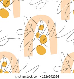 Tropical leaves seamless pattern with arch. Hand drawn outline leaf background. Modern line art, aesthetic contour. Vector illustration, black and white design