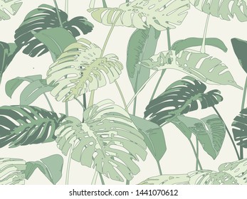 Tropical leaves seamless pattern background. Modern seamless green botanical backdrop. Nature pattern vector illustration.