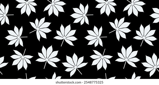 Tropical leaves seamless pattern background vector illustration, black and white color, cassava leaves pattern seamless, pattern daun ketela pohon