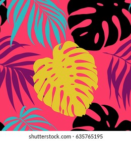Tropical leaves seamless pattern backgrounds. Fashion design. Vector illustration