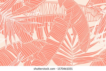 Tropical leaves. Seamless pattern with banana foliage and palm leaf. Design element, banner for tourism and travel industry, summer sale, print for textile and  texture for fabrics.