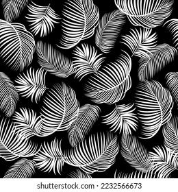 Tropical leaves seamless pattern. Black and white