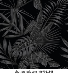 Tropical leaves seamless pattern in black and white style. Beach wallpaper