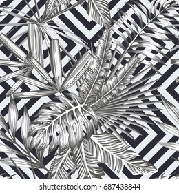 Tropical leaves seamless pattern in black and white style. Beach wallpaper geometric background
