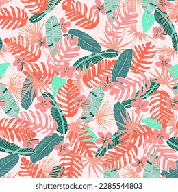 tropical leaves seamless pattern. BrighFloral background with hibiscus flowers and palm leaves