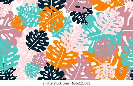 Tropical leaves seamless pattern, bright new fashionable hipster background. Bright summer background. Vegetable backdrop.