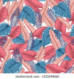Tropical leaves seamless pattern. Bright colors. Exotic style. Vector illustration
