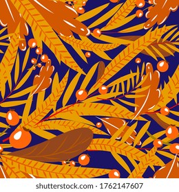 tropical leaves seamless pattern. Bright yellow palm leaves. Design for packaging, menus, wrappers, invitations.