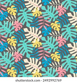 Hojas tropicales sin patrón. Las hojas abstractas coloridas de la selva se repiten en blanco. Diseño de fondo de Vector de verano para impresión, decoración, tela, tarjeta.