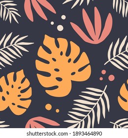 Hojas tropicales Patrón sin costura, textura de plantas coloreadas a mano. Fondo de fondo de fondo de papel de fondo de plantas de monstera exóticas, diseño textil vintage, impresión en negrita para papel de envoltura, papel de pared