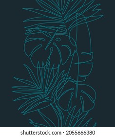 Tropical leaves seamless pattern. Continuous line drawing. Palm, banana, and monstera leaf. Fashionable vertical foliage print, trendy label, beach texture.