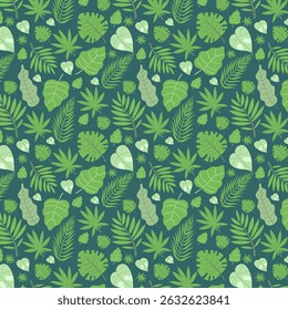 Tropical leaves seamless pattern. Dense foliage design with monstera, palm, and fern on light background. Different types of foliage design perfect for summery or nature-inspired themes.