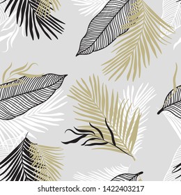 Tropical Leaves Seamless Pattern - elegant gold, black and white leaves - great for Textiles, Fabrics, Wallpapers, banners, Cards - surface design