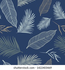 Tropical Leaves Seamless Pattern - elegant leaves und dark blue background - great for Textiles, Fabrics, Wallpapers, banners, Cards - surface design