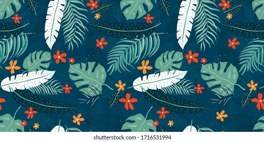 Tropical Leaves Seamless Pattern - elegant, exotic, hand drawn leaves - great for Textiles, Fabrics, Wallpapers, banners, Cards - surface design
