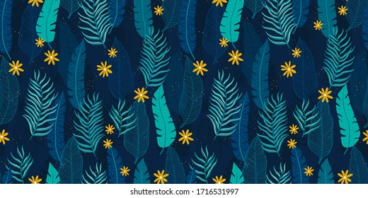 Patrón sin soldadura de hojas tropicales - elegante, exótico, hojas dibujadas a mano - excelente para textiles, tejidos, fondos de escritorio, banners, tarjetas - diseño de superficie