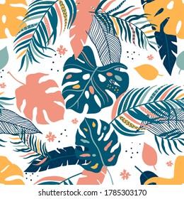 Tropical Leaves Seamless Pattern - elegant, exotic, hand drawn leaves - great for Textiles, Fabrics, Wallpapers, banners, Cards - surface design