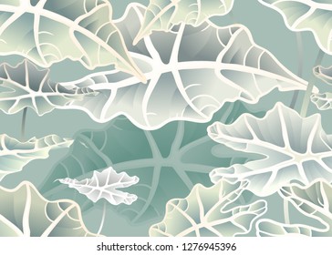 Tropical leaves seamless pattern. Exotic rainforest foliage. Vector illustration. Pastel colors. Template for creating wallpaper, paper, textiles, bed linen, interior. Modern style.