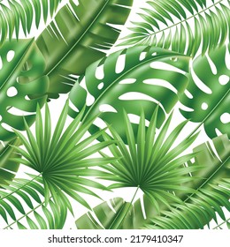 Tropical leaves seamless pattern. Exotic green palm foliage, realistic monstera, banana plants, 3d botanical elements. Decor textile, wrapping paper. Summer print, utter vector background