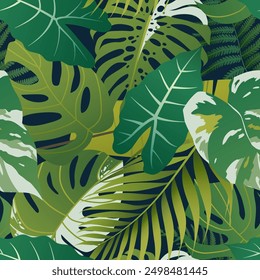 Tropical leaves seamless pattern. Exotic plant leaves on a green background. Jungle leaves botanical pattern for summer decor, textiles, fashion, packaging, cover, wallpapers. Flat vector illustration