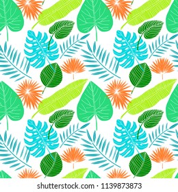 Tropical leaves seamless pattern with flowers, branches. Vector illustration.
