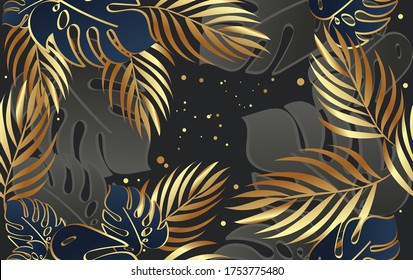 hojas tropicales con un patrón impecable con hojas tropicales de oro y negro sobre fondo oscuro. Diseño de fondo botánico exótico para cosméticos, spa, textiles, camiseta de estilo hawaiano.