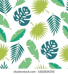 Tropical leaves seamless pattern - green palm tree leaf and other exotic plant foliage isolated on white background. Summer backdrop - flat vector illustration.
