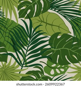 Tropical leaves, seamless pattern. Green leaf plants, endless design. Jungle and rainforest nature background, exotic botanical fabric, textile, wrapping and wallpaper. Flat vector illustration.
