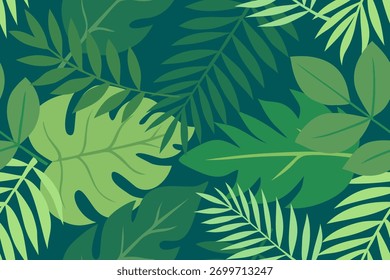 Tropische Blätter nahtloses Muster grünen Dschungel Laub Hintergrund Natur botanisches Design exotische Palme Monstera Blatt Tapete Sommer Regenwald Vektorgrafik natürliche Pflanze dekorative Kunst.