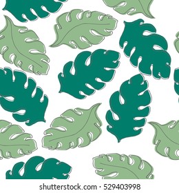 Tropical leaves seamless pattern. Green background. Vector.
