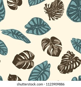 Tropical Leaves. Seamless Pattern with Hand Drawn Leaves of Monstera and Alocasia. Exotic Rapport for Textile, Fabric. Vector Seamless Background with Tropic Plants. Jungle Foliage. Watercolor Effect.