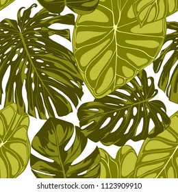 Tropical Leaves. Seamless Pattern with Hand Drawn Leaves of Monstera and Alocasia. Exotic Rapport for Textile, Fabric. Vector Seamless Background with Tropic Plants. Jungle Foliage. Watercolor Effect.