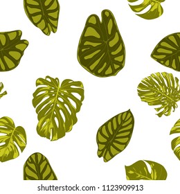Tropical Leaves. Seamless Pattern with Hand Drawn Leaves of Monstera and Alocasia. Exotic Rapport for Textile, Fabric. Vector Seamless Background with Tropic Plants. Jungle Foliage. Watercolor Effect.